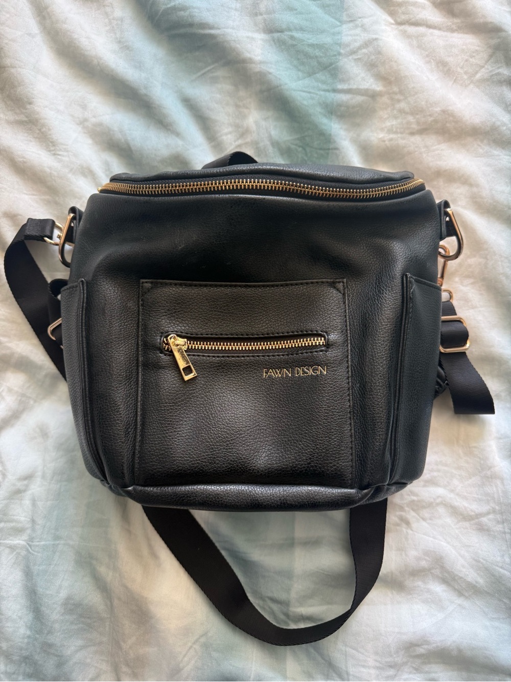 Fawn Design Mini Black Leather Messenger Bag with Gold Hardware